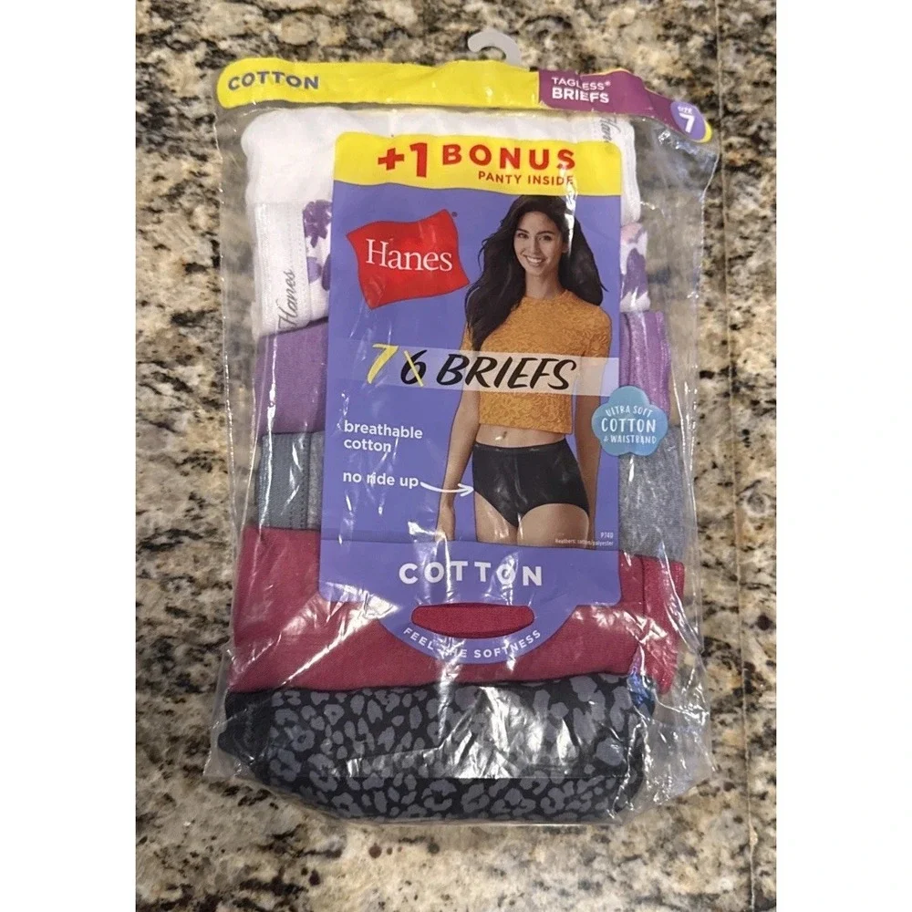 Women's Underwear Hanes Tagless 7 Cotton Brief Panties Sz 7 New Print/solid Mix - Picture 1 of 3